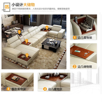 living room Sofa functional genuine leather couch Nordic sala U shape corner fridge cup holder seat heating USB Iphone charging
