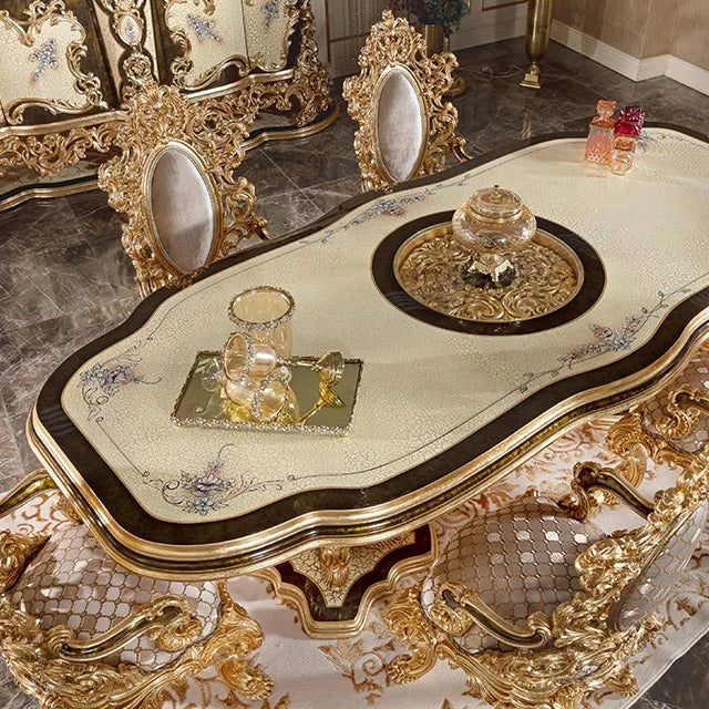 New Customized Wooden Inlay 8 Chairs Wood Gold Italian Style Living Room Furniture Classic Dinning Table Set