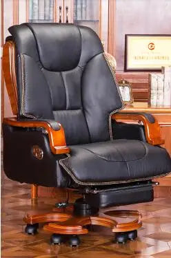 Leather boss chair can lie down office chair family cowhide big class chair massage solid wood swivel chair computer chair.