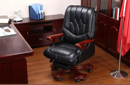 Leather boss chair can lie down high-grade massage computer chair family office chair solid wood swivel chair big class chair.