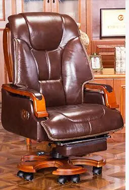 Leather boss chair can lie down office chair family cowhide big class chair massage solid wood swivel chair computer chair.