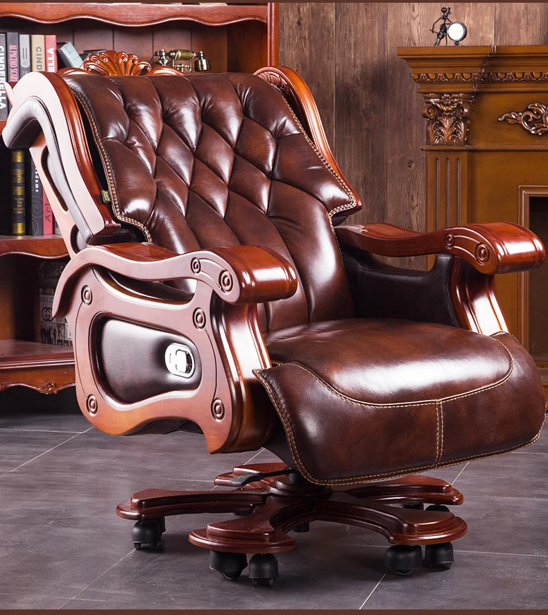 President solid wood big class chair office chair computer chair can lie down cowhide massage boss chair.