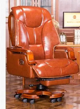 Leather boss chair can lie down office chair family cowhide big class chair massage solid wood swivel chair computer chair.
