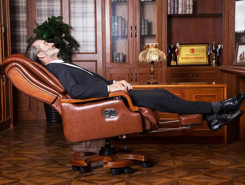 Leather boss chair can lie down office chair family cowhide big class chair massage solid wood swivel chair computer chair.