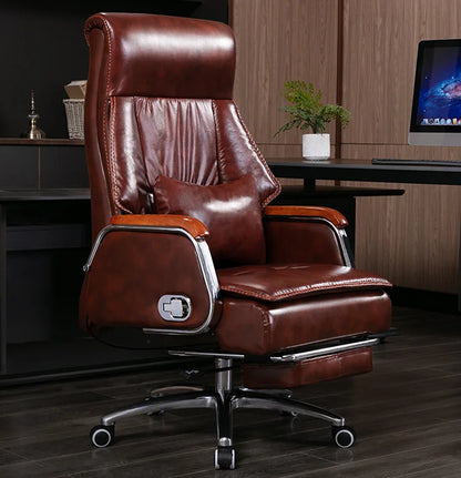 Leather computer chair household office chair office stool long sitting chair solid wood boss chair lying massage