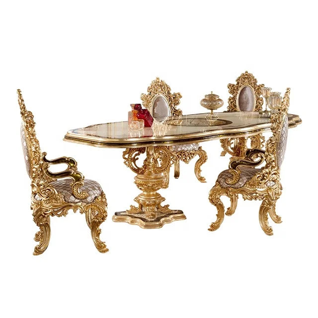New Customized Wooden Inlay 8 Chairs Wood Gold Italian Style Living Room Furniture Classic Dinning Table Set