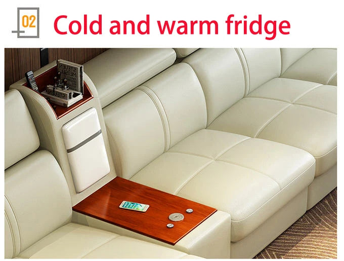 living room Sofa functional genuine leather couch Nordic sala U shape corner fridge cup holder seat heating USB Iphone charging