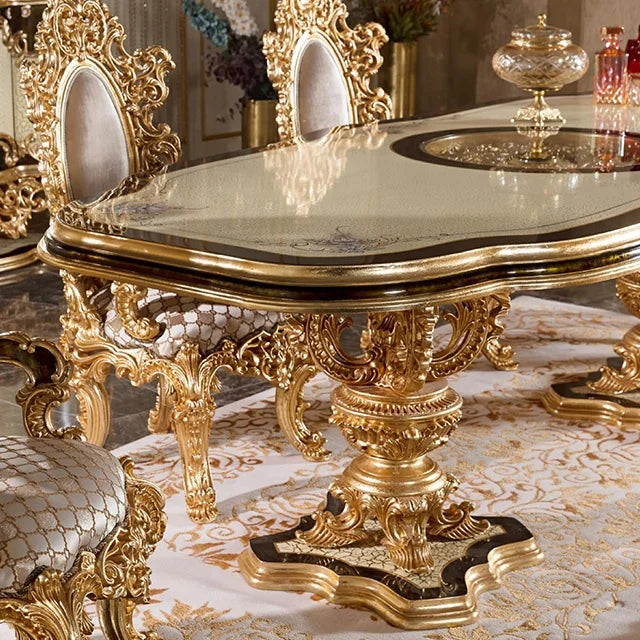 New Customized Wooden Inlay 8 Chairs Wood Gold Italian Style Living Room Furniture Classic Dinning Table Set