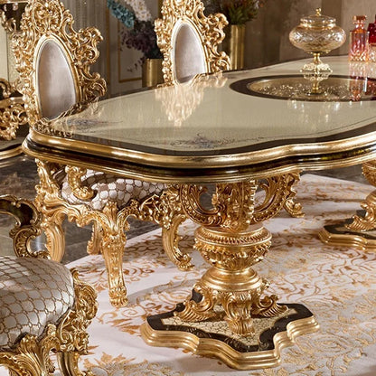 New Customized Wooden Inlay 8 Chairs Wood Gold Italian Style Living Room Furniture Classic Dinning Table Set