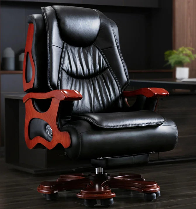 Leather boss chair home business office chair reclining lifting massage computer chair solid wood rotating chair big class chair