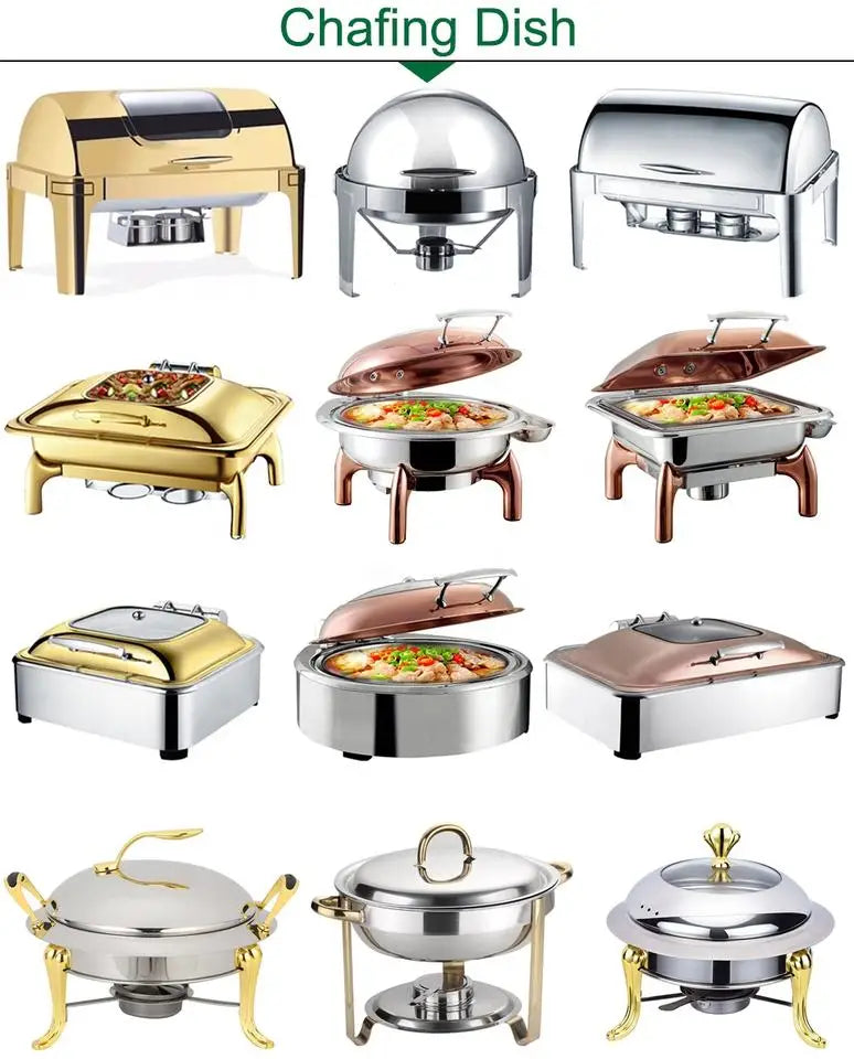 Food-graded Stainless Steel Clamshell Dinner golden Buffet Stove Stainless Steel Buffet Food Warmer Chafing Dish for hotel