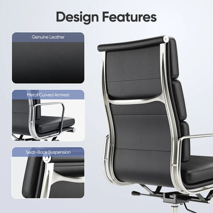 High Back Soft Pad Office Chair Genuine Leather Executive Desk with Lumbar Support Ergonomic Computer Chair with Aluminum Arms