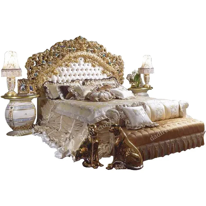 Custom rose-carved double bed in genuine leather, inspired by French court design
