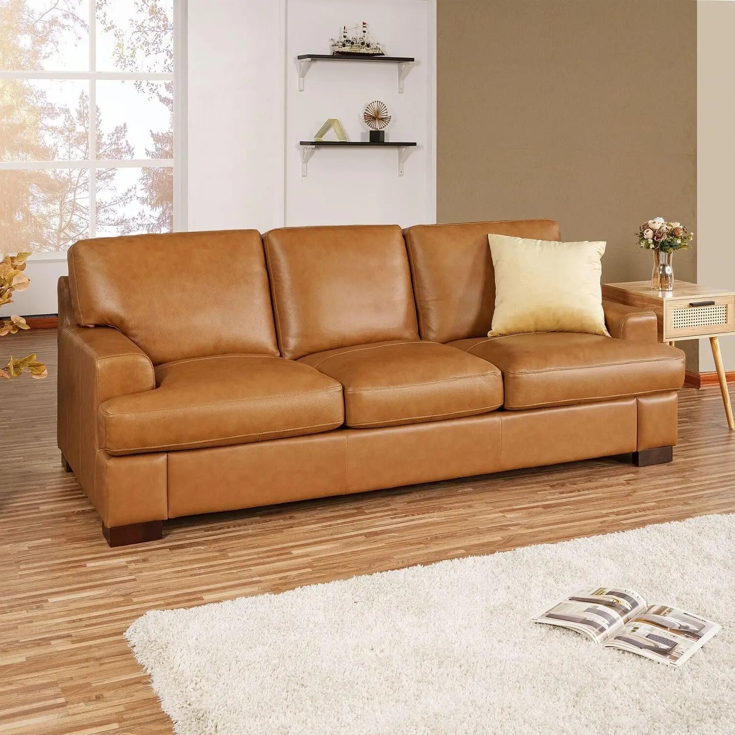Siggy Genuine Leather Sofa Set of 3 Luxurious Comfort Goose Feather Cushion Filling Square Arm Design Sturdy Block Legs