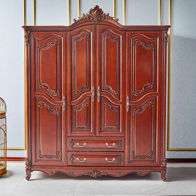 European Style Solid Wood Wardrobe – American Villa Design, Carved, Luxury Retro Bedroom Storage