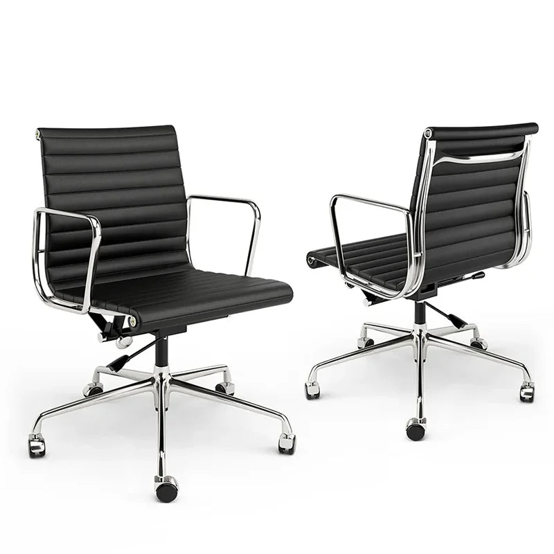 Mid-Back Office Chair Classic Genuine Leather Ergonomic Office Chair Adjustable Swivel Leather Computer Desk Gaming Chair