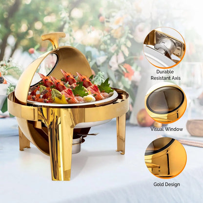 ROVSUN 6 QT 3 Pack Round Chafing Dish Buffet Set, Roll Top NSF Stainless Steel Buffet Warmer Chafers and Buffet Warmers Sets
