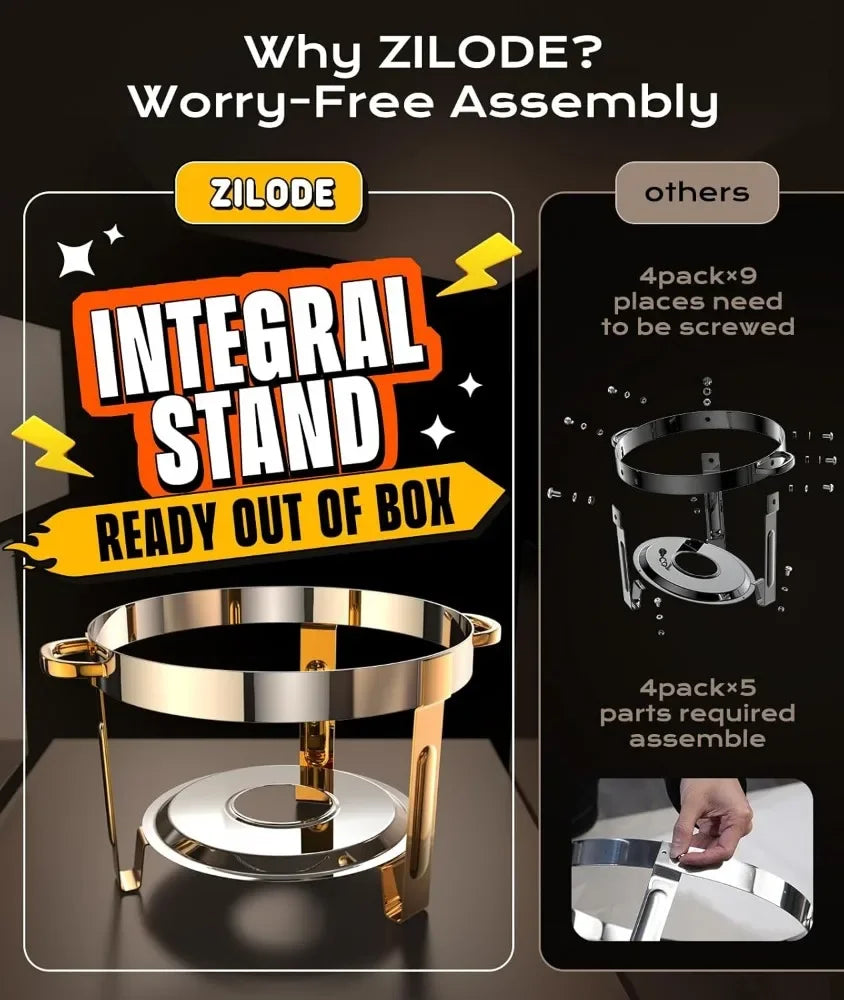 4-Pack 5QT Chafing Dishes for Buffet – Round Buffet Set in Elegant Gold and Silver, Easy Assembly.