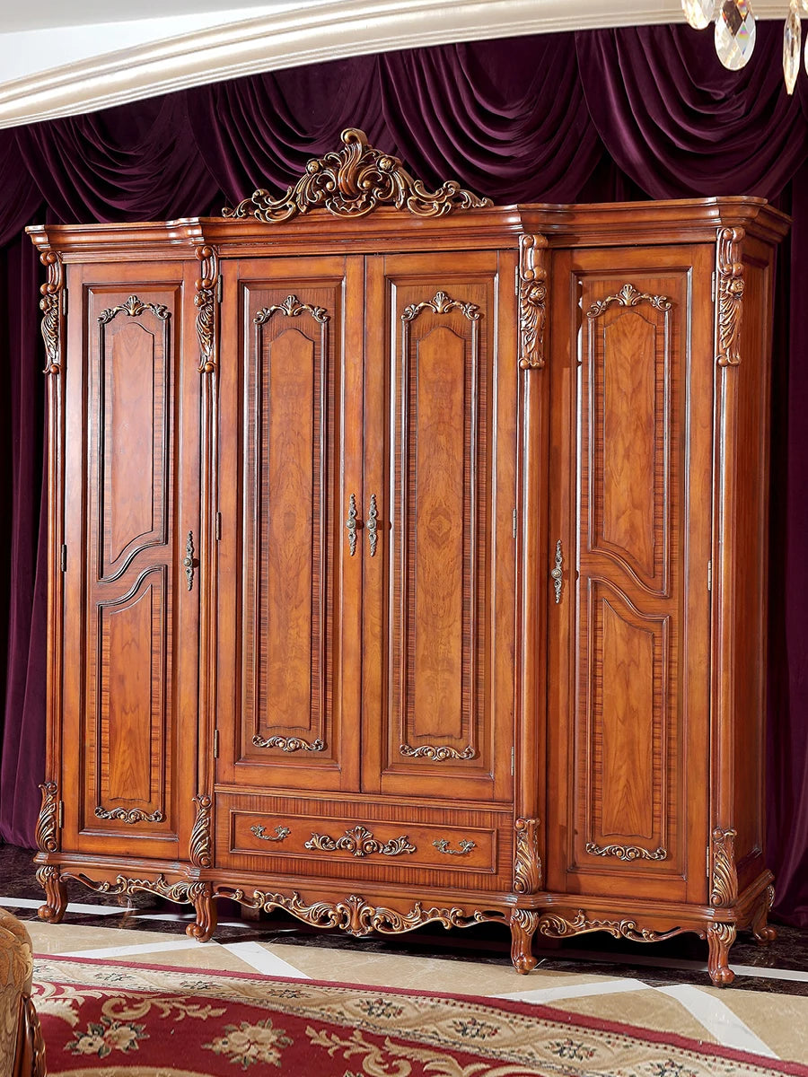 American Country Solid Wood Wardrobe – European-Style Retro, 4 Doors, Custom Luxury