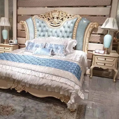 Solid wood carved double bed, European style leather princess bed, Italian villa high-end customized 1.8-meter wedding bed