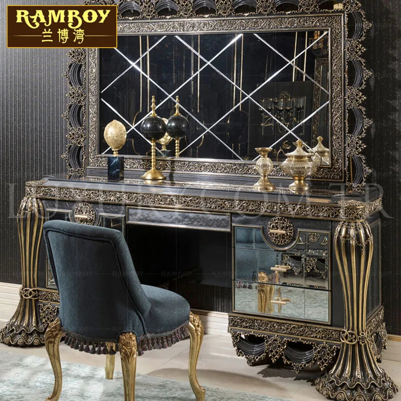European style solid wood carved dressing table French makeup table all solid wood carved bedroom furniture custom