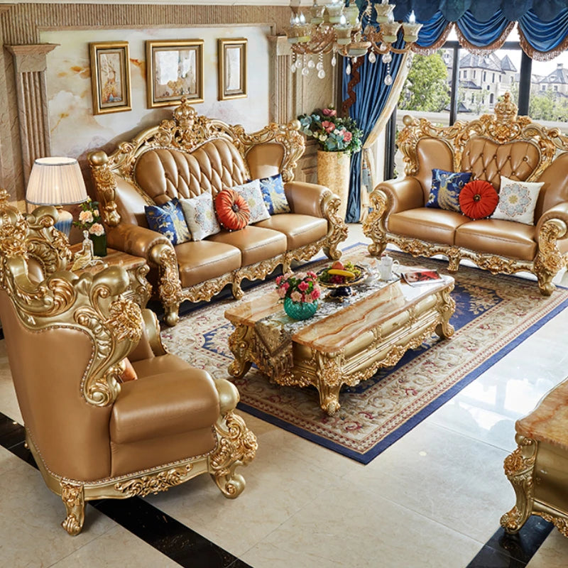 European Style Genuine Leather Sofa Set – Luxury Villa Furniture with Full Solid Wood Carvings