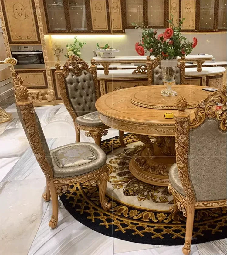 Luxury European round table dining chair neoclassical solid wood carved dining table and chair combination