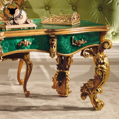 European Solid Wood Desk: Luxury Emerald Green with Gold Foil, Italian-French Carved Design, Customizable for Villas.
