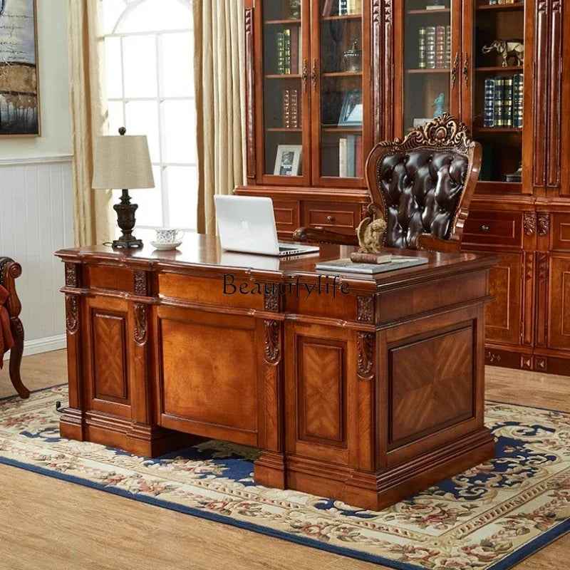 European-Style Solid Wood Desk Home American-Style High-End Vintage Engraving Villa Computer Desk
