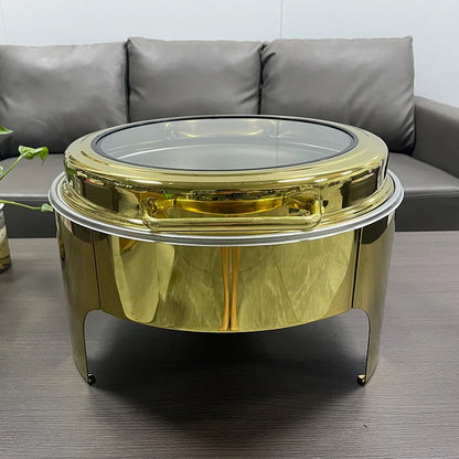 Hotel Restaurant Catering Deluxe Stainless Steel Roll Top Chaffing Dishes 6.5L Gold Round Buffet Chafing Dish