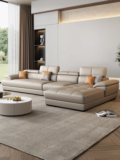 Nordic leather sofa with cowhide top layer, simple modern size, living room, Italian minimalist cream style leather sofa