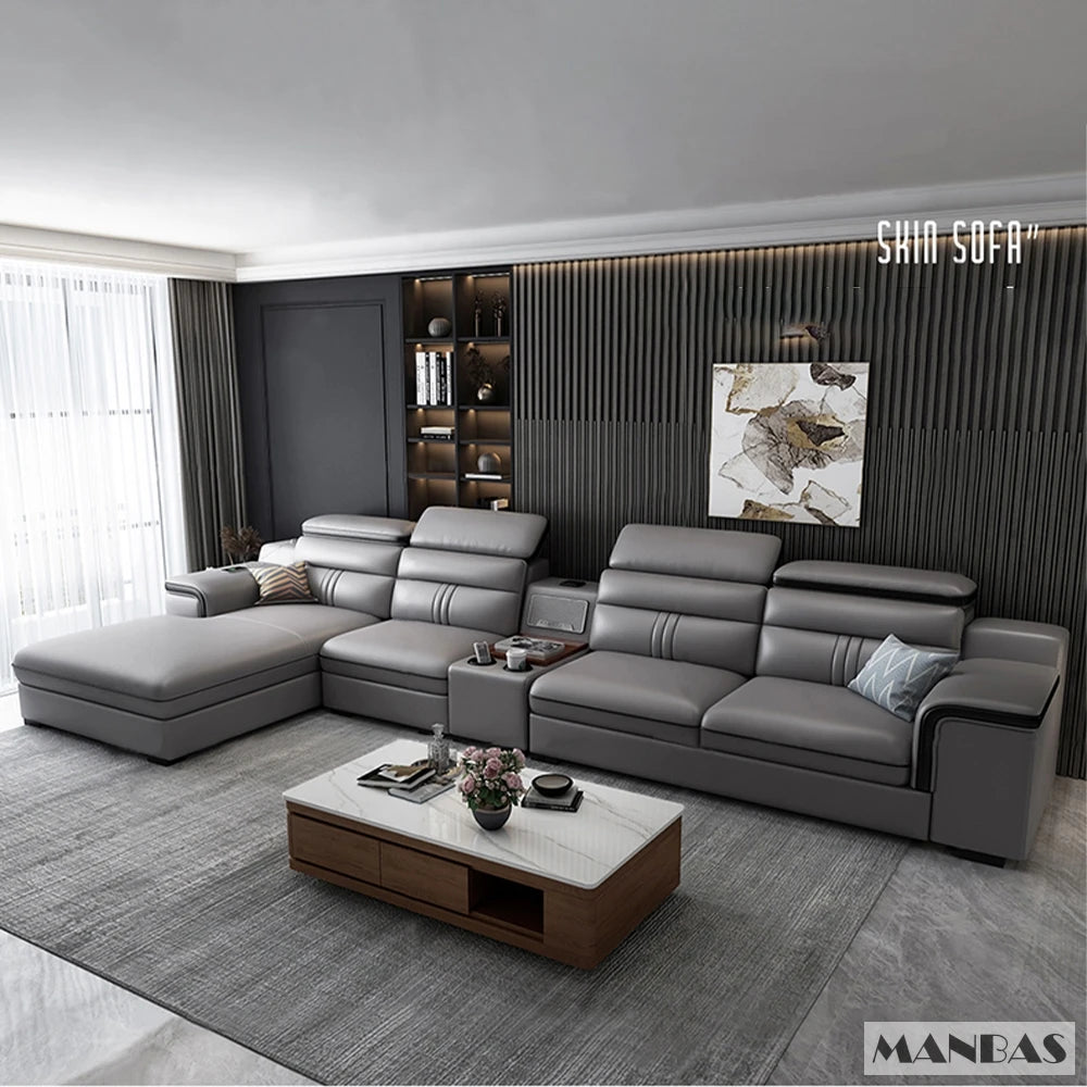 MINGDIBAO Leather Sectional Sofa Set with Cup Holder, USB, Adjustable Headrests &amp; Bluetooth Speaker Living Room Couch with Stool