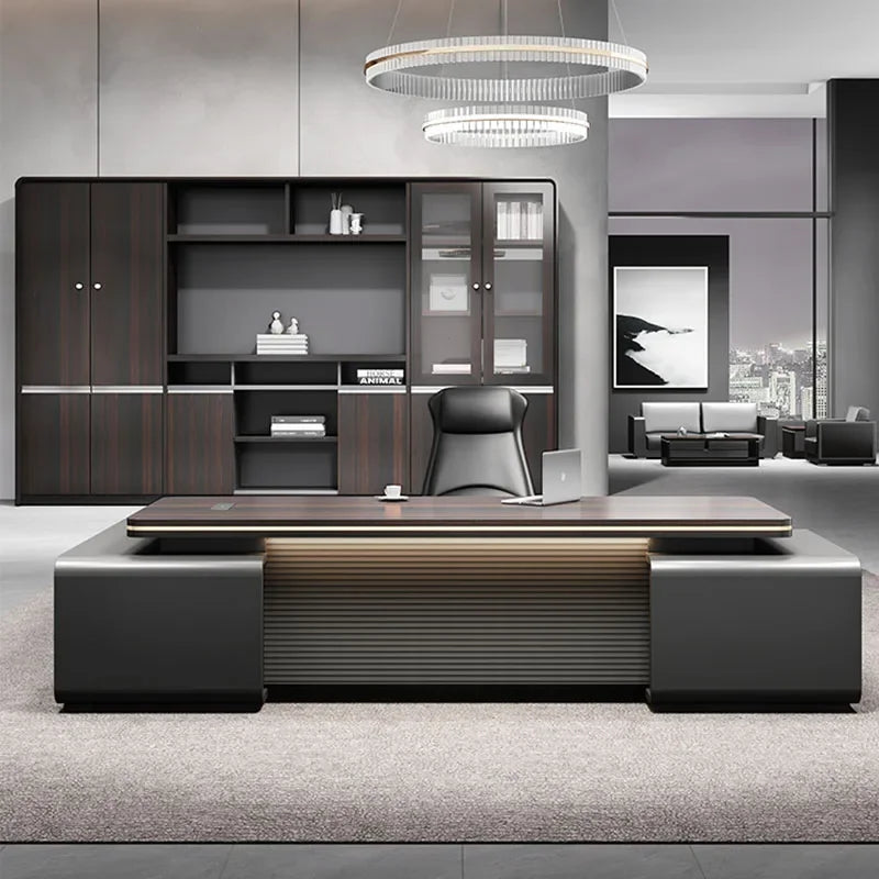 Modern Corner Storage Office Desk: Standing Design with Drawers in Black Wood