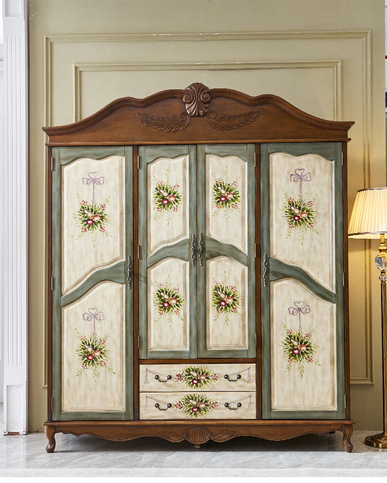 Solid Wood 4-Door Wardrobe – American Retro, Bedroom Storage Cabinet