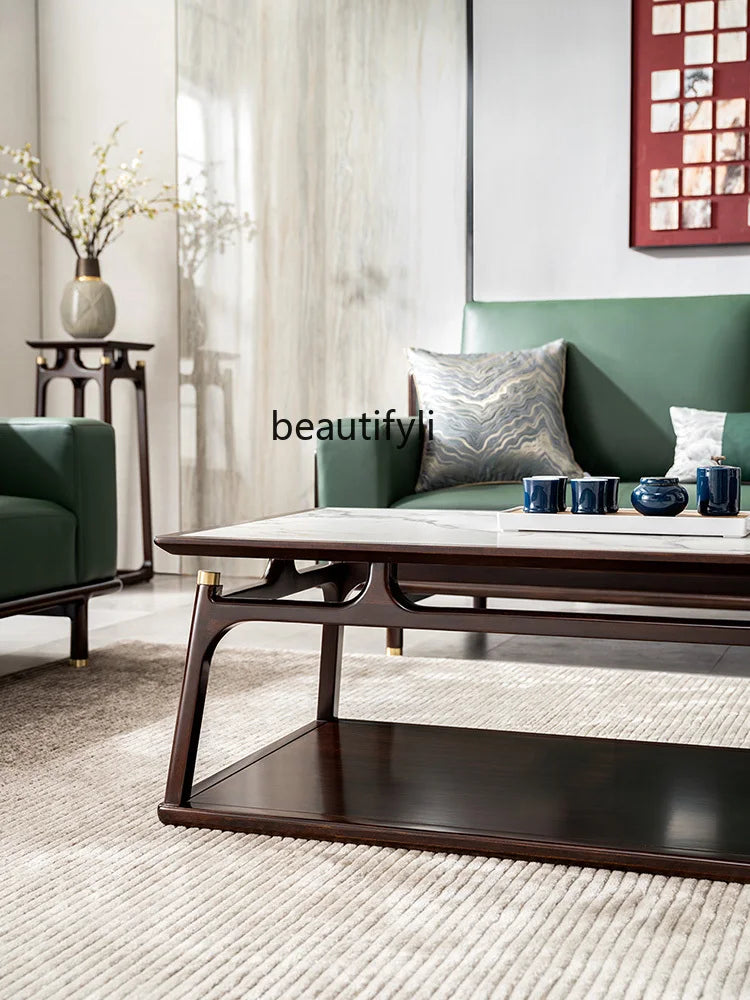New Chinese Style Ugyen Wood Light Luxury Modern Tea Table Simple Stone Plate Solid Wood Living Room Furniture