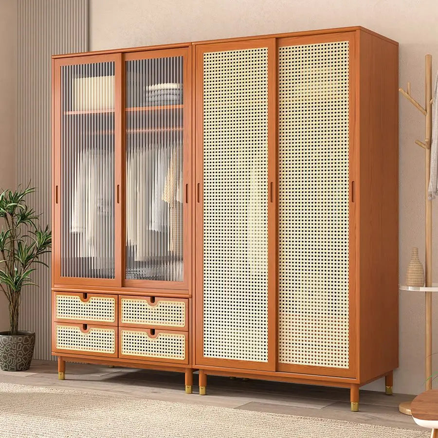 Solid wood double-door wardrobe bedroom storage lockers household sliding door rattan wardrobe simple