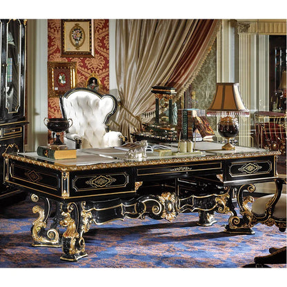 High End Classical French Baroque Style Luxury Design Antique Wooden Carving Black and Gold Office Writing Desk
