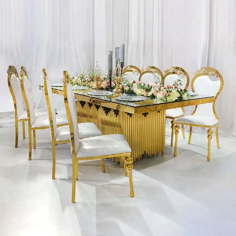 Wholesale luxury banquet table stainless steel base with glass or mdf top rectangle wedding dining tables set