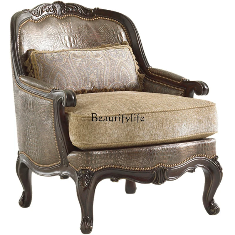 Pure Beautiful Golden Distressed Solid Wood Sofa Chair Villa European-Style Carved Crocodile Pattern Living Room Wingback Chair