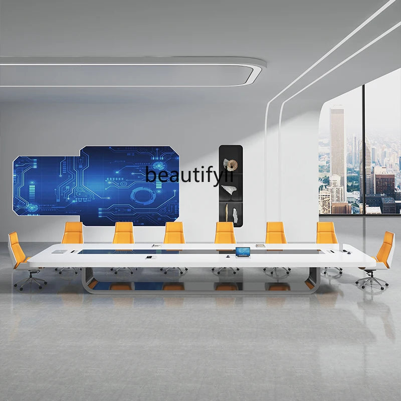 Simple and modern white large open conference table and chair combination training meeting room, painted conference table