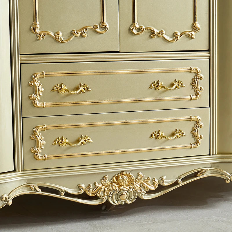European Style Wardrobe – Solid Wood Carved, Gold Finish, Four Doors, American Villa Design