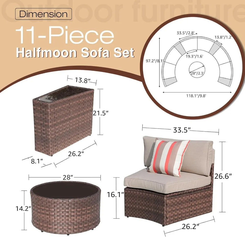 Outdoor Sectional Set 11-Piece Half Moon Patio Furniture Brown Wicker Sofa Beige Cushions with 4 Side Table and 4 Pillows