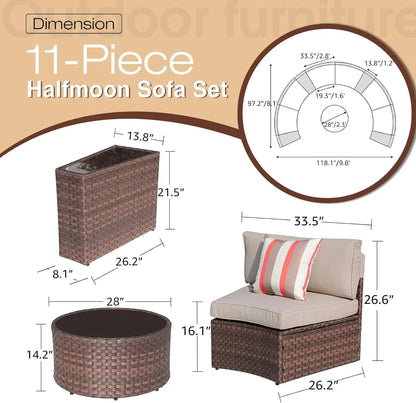 Outdoor Sectional Set 11-Piece Half Moon Patio Furniture Brown Wicker Sofa Beige Cushions with 4 Side Table and 4 Pillows