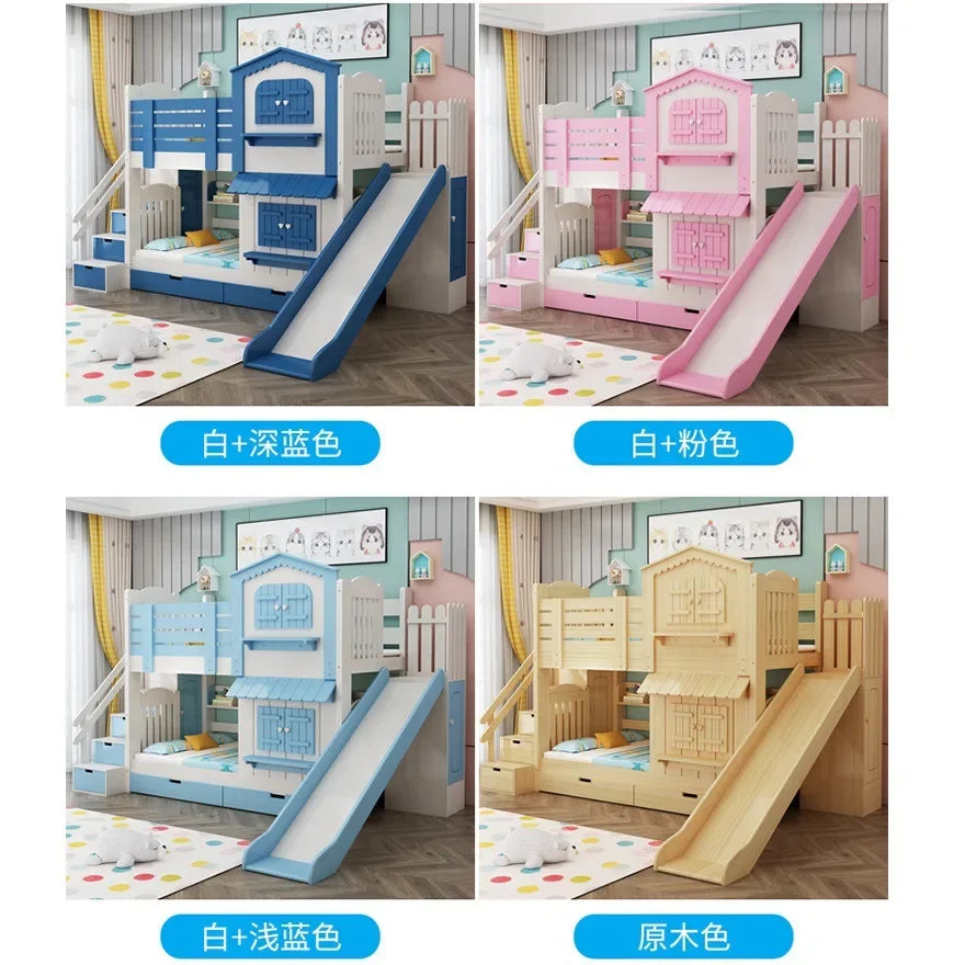 Solid wood mother bed, girl princess, pink two-story castle high and low bed, slide bunk