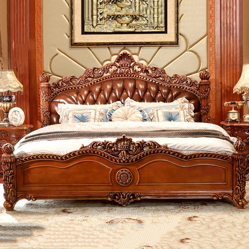 American Princess Oak Double Bed – European Style with Leather and Modern Storage.