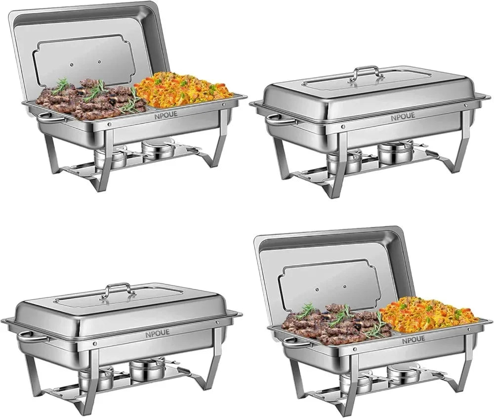 8QT Chafing Dish Buffet Set – 4-Pack Stainless Steel Servers with Covers, Warmers, and Folding Stands.