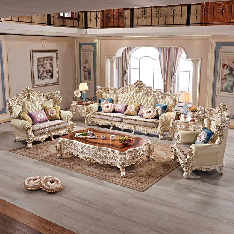 European-Style Oversized Leather Sofa: Villa Club Furniture in Ivory White with Gold Accents, Solid Wood, 123 Sofas for Living Rooms.