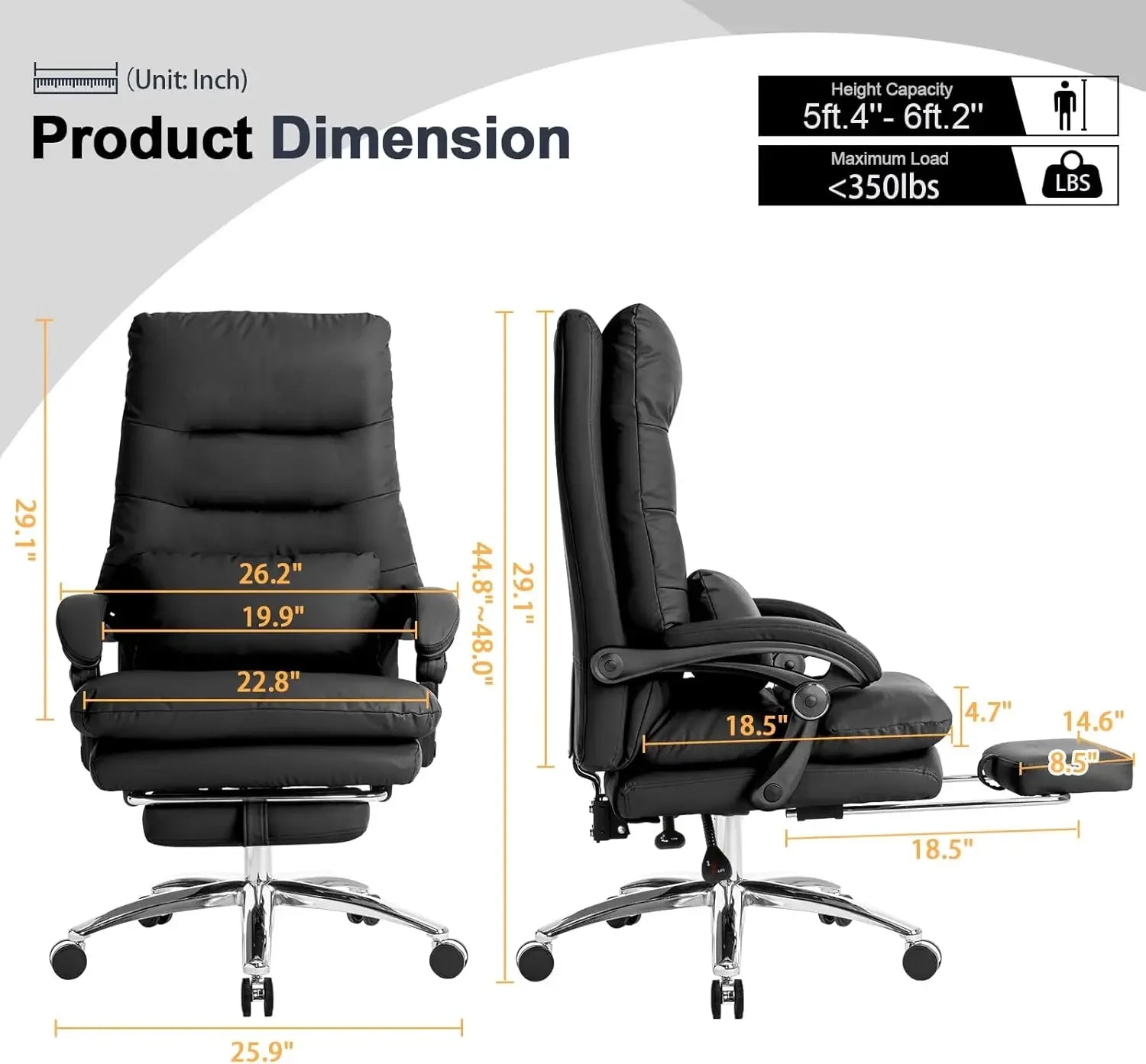 Office Chair with Foot Rest - High Back Executive Chair with Padded Linkage Armrests, Reclining Desk Chair with Wheels,