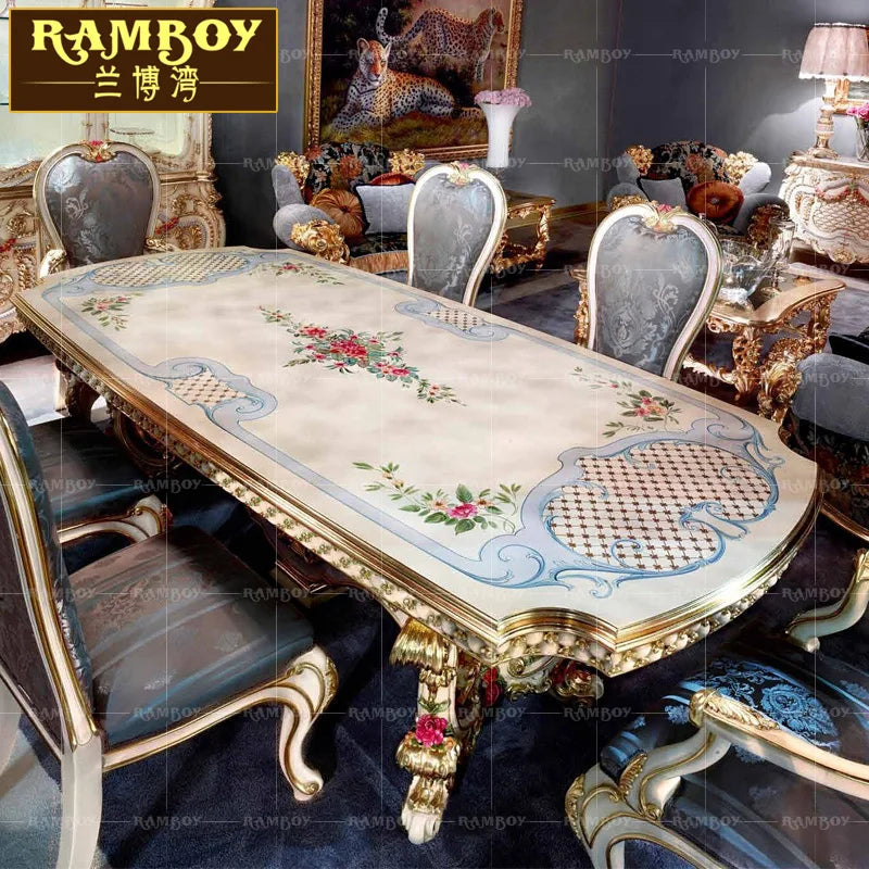 Villa Furniture—European Solid Wood Dining Table and Chair Combination,