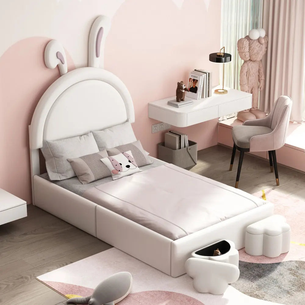 Upholstered Rabbit-Shape Bed with 2 Storage Stools, Velvet Platform Bed with Cartoon Ears Shaped Headboard, White Beds